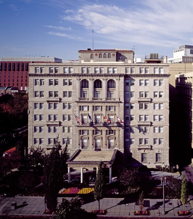 Elevated autumn view of the Hay-Adams Hotel with its porte-cochere and street-level gardens, Washington, D.C.