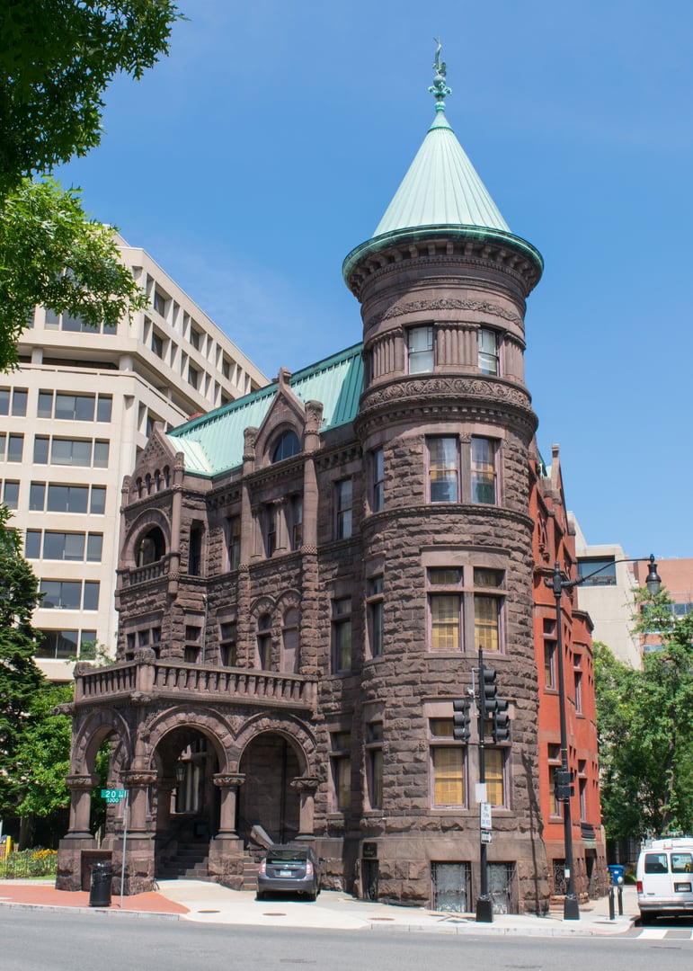 Exterior of the Heurich House Museum, a Romanesque Revival brick mansion near Dupont Circle in Washington, DC.
