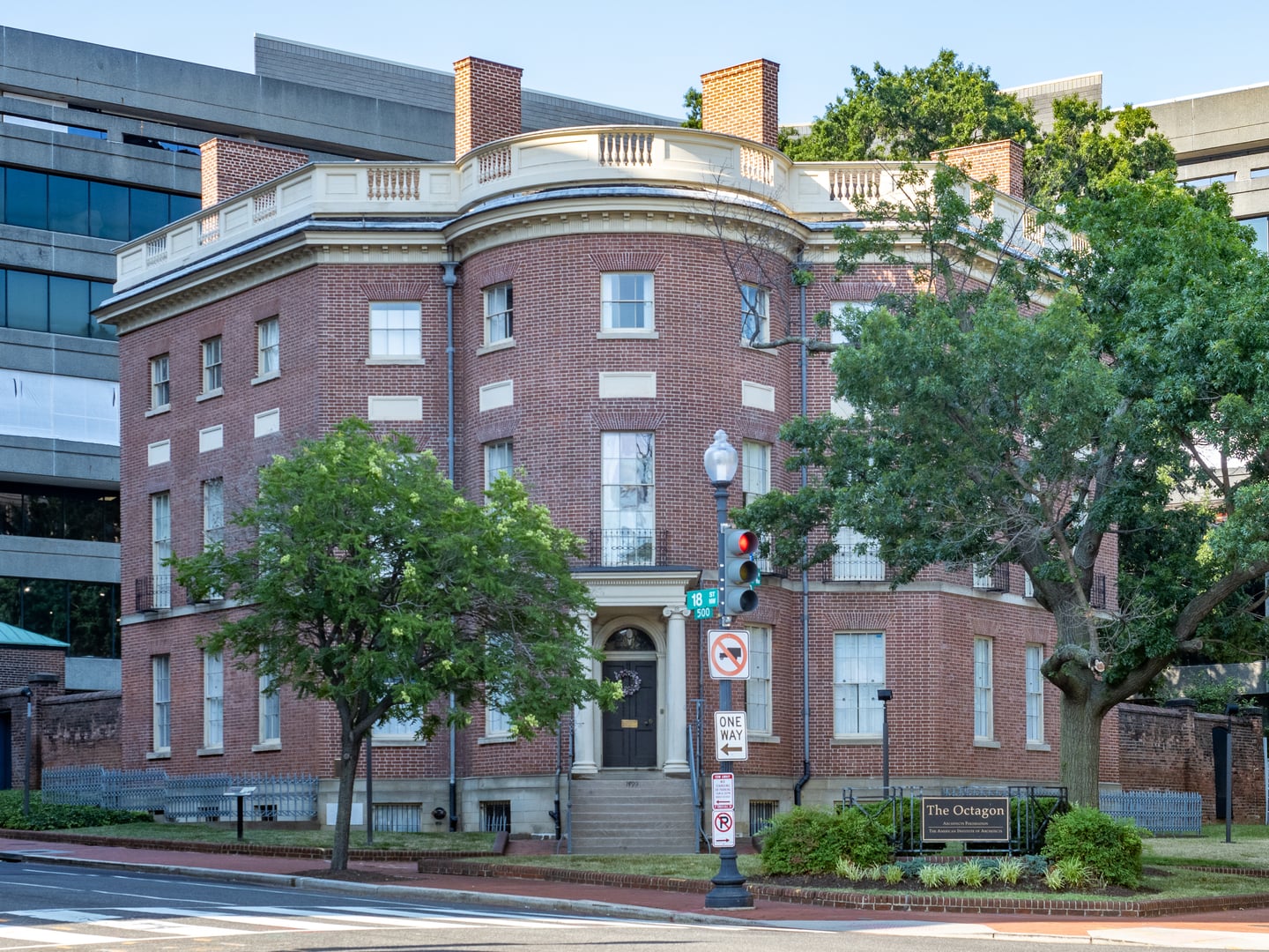 Exterior of The Octagon House, the 1801 William Thornton-designed home that served as temporary executive mansion in Washington, D.C.