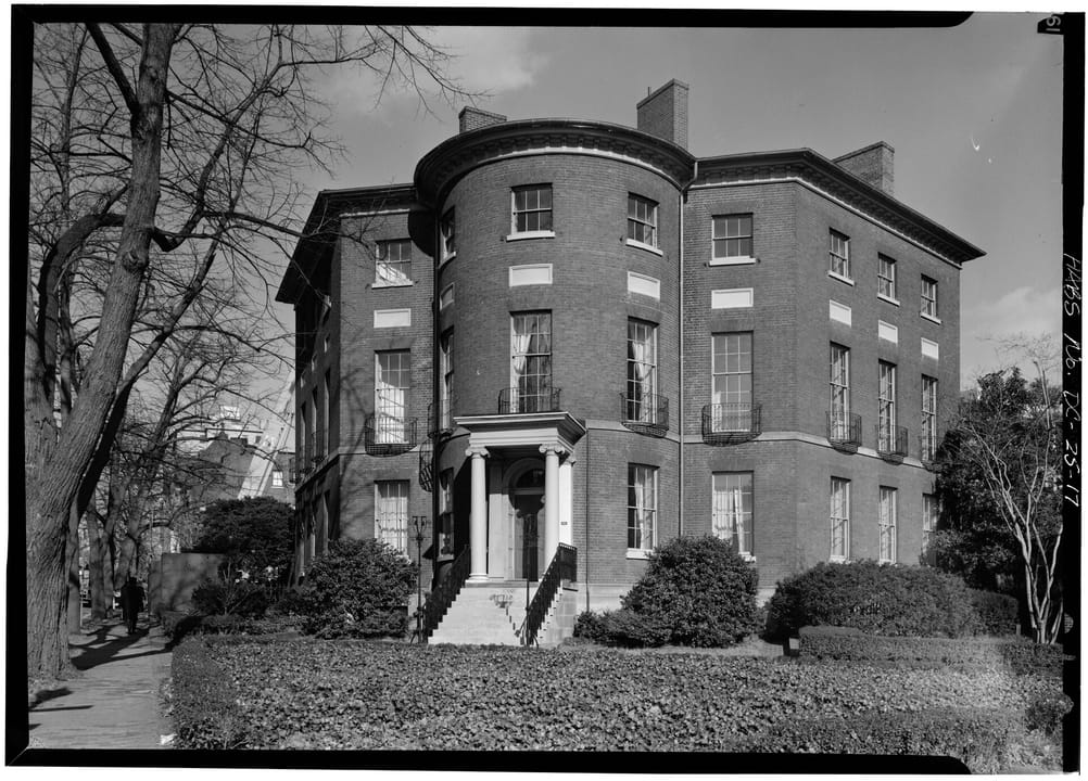 General view of the Octagon from the south, with its grounds and garden wall, from the Historic American Buildings Survey (HABS DC,WASH,8-35).