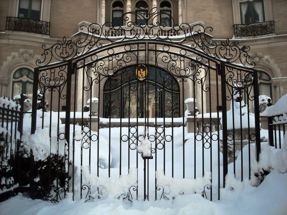 The ornate wrought-iron entrance gate of the Walsh-McLean House, snow-covered after the 2010 blizzard, 2020 Massachusetts Avenue NW