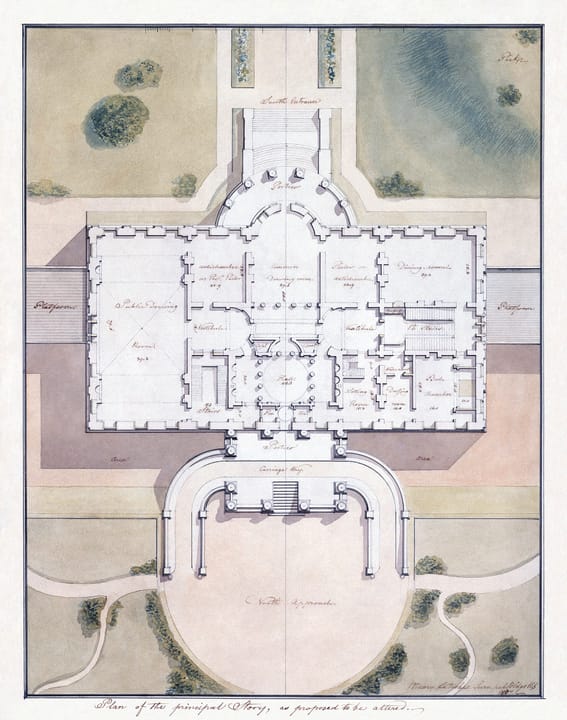 Benjamin Henry Latrobe's 1807 hand-colored site and principal-story plan for the White House grounds and floor layout; Latrobe was the architect who supervised the building's early construction and later led its post-1814 rebuilding.
