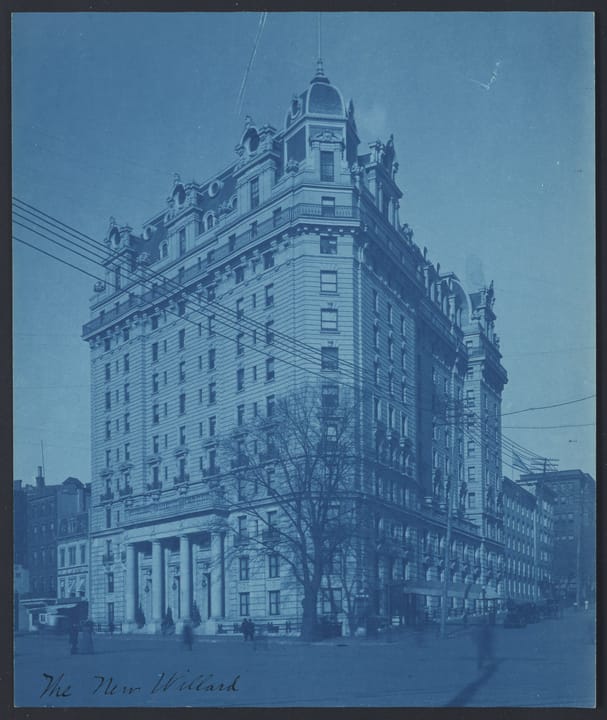 Beaux-Arts facade of the Willard InterContinental Hotel at 1401 Pennsylvania Avenue NW in Washington, DC, two blocks from the White House