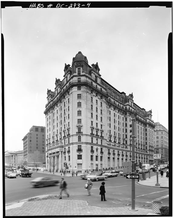 The Willard Hotel's 14th Street and Pennsylvania Avenue corner, a Historic American Buildings Survey photograph, 1976.