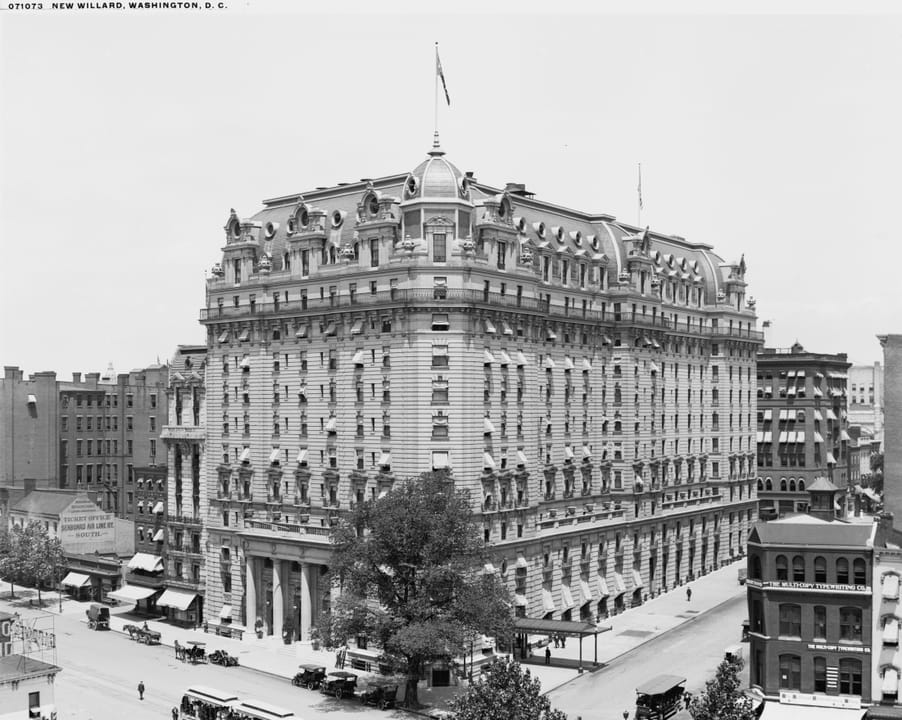 An elevated view of the New Willard Hotel and Pennsylvania Avenue, published by the Detroit Publishing Company, circa 1900-1910.