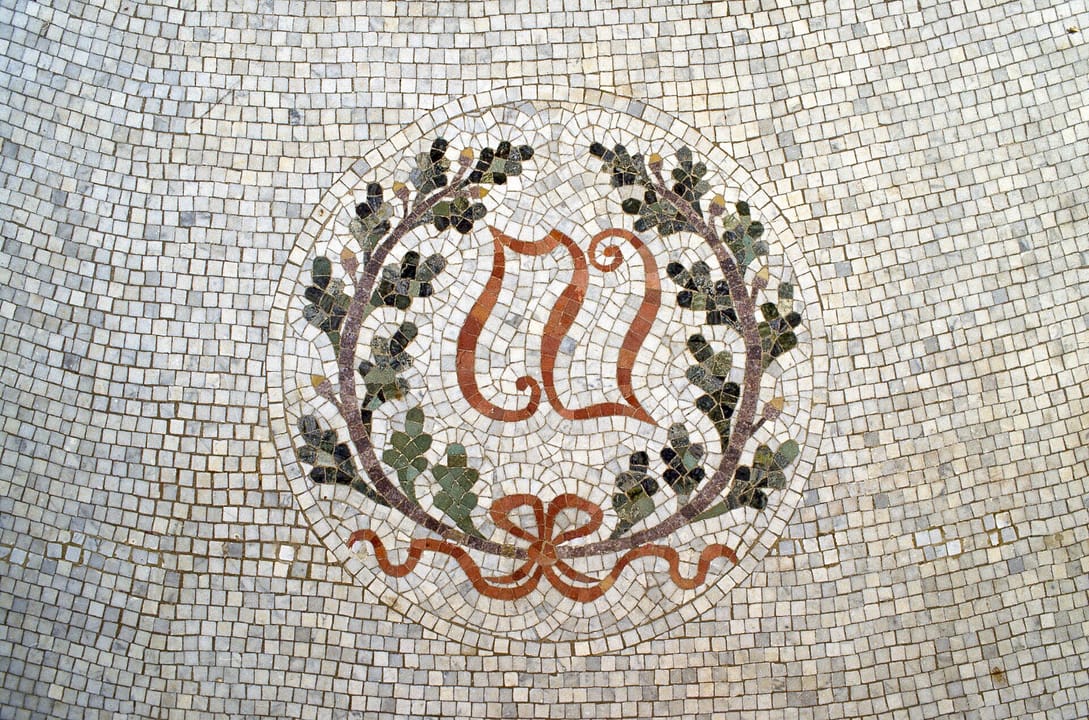 A mosaic "W" monogram floor medallion, newly refurbished in the Willard Hotel's 1980s restoration.