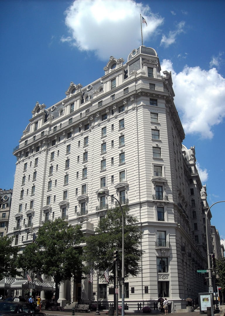 Beaux-Arts facade of the Willard InterContinental Hotel at 1401 Pennsylvania Avenue NW in Washington, DC, two blocks from the White House