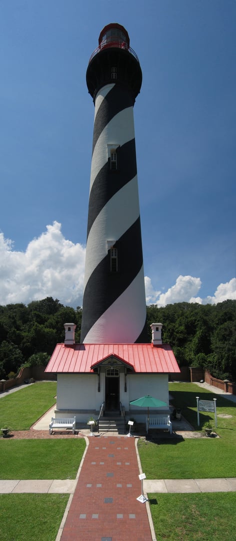 165-foot black-and-white striped St. Augustine Lighthouse on Anastasia Island, Florida, completed in 1874