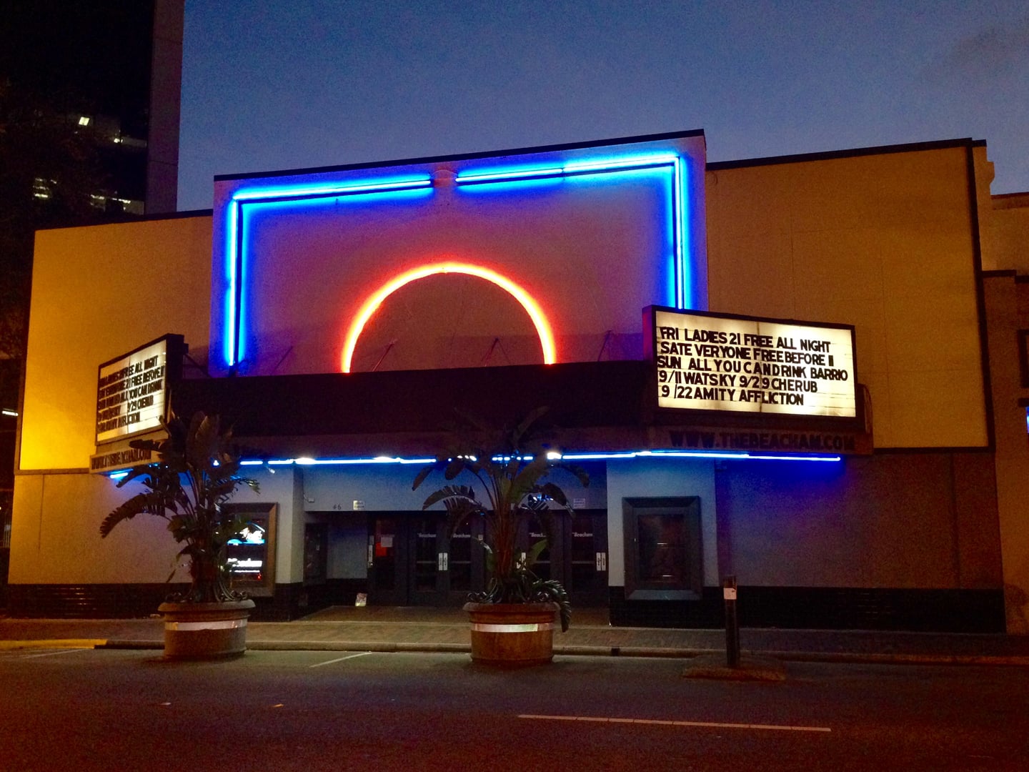 Facade of the Beacham Theatre at dusk in Orlando, Florida, after a mild 2016 restoration