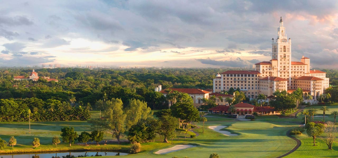 Mediterranean Revival facade and 315-foot tower of the Biltmore Hotel in Coral Gables, Florida — a 1926 National Historic Landmark resort designed by Schultze and Weaver