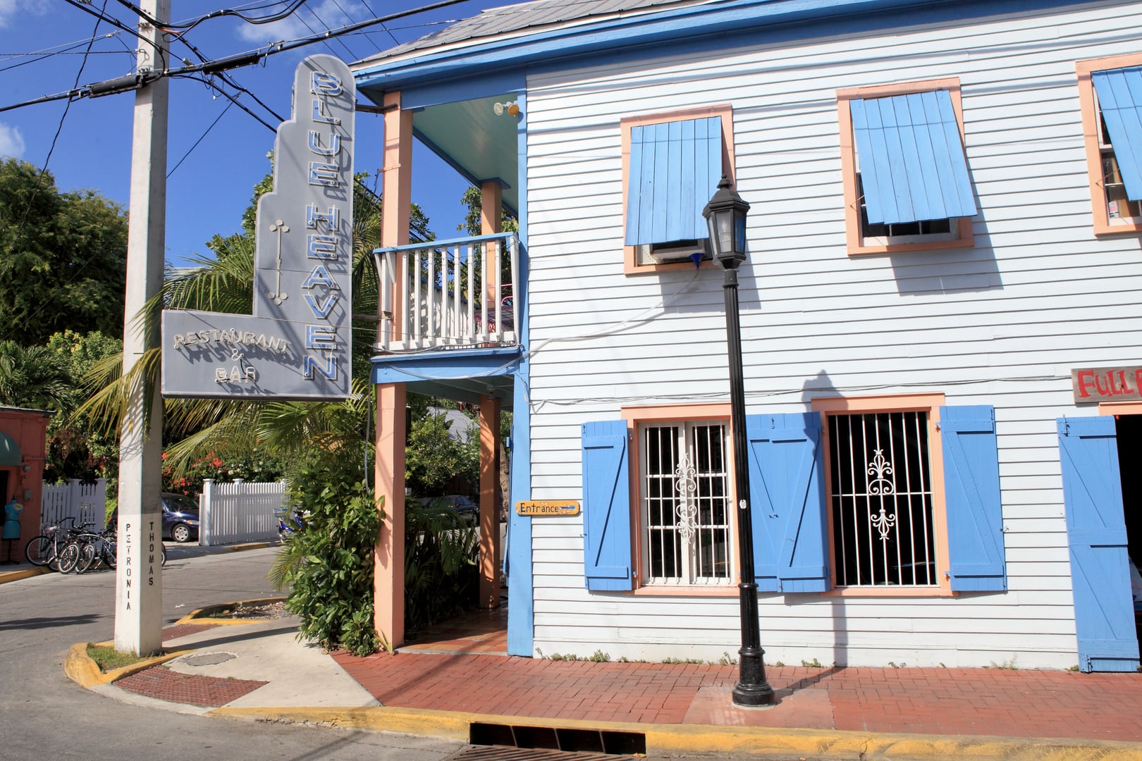 Exterior of Blue Heaven Restaurant at the corner of Thomas Street and Petronia Street in Key West, Florida.