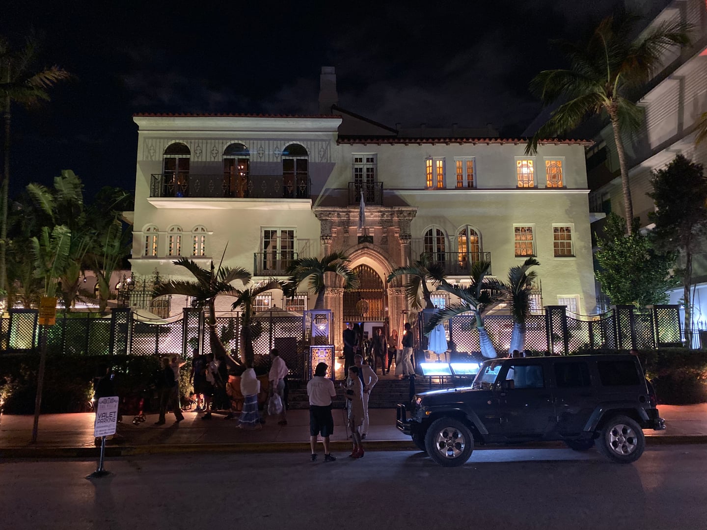 Casa Casuarina (the former Versace Mansion) at night, 1116 Ocean Drive, Miami Beach — now operating as The Villa Casa Casuarina boutique hotel