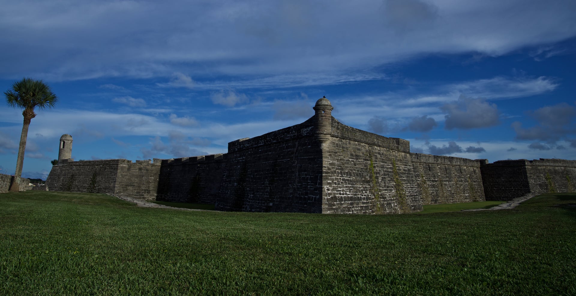Coquina stone walls and bastions of Castillo de San Marcos overlooking Matanzas Bay in St. Augustine, Florida