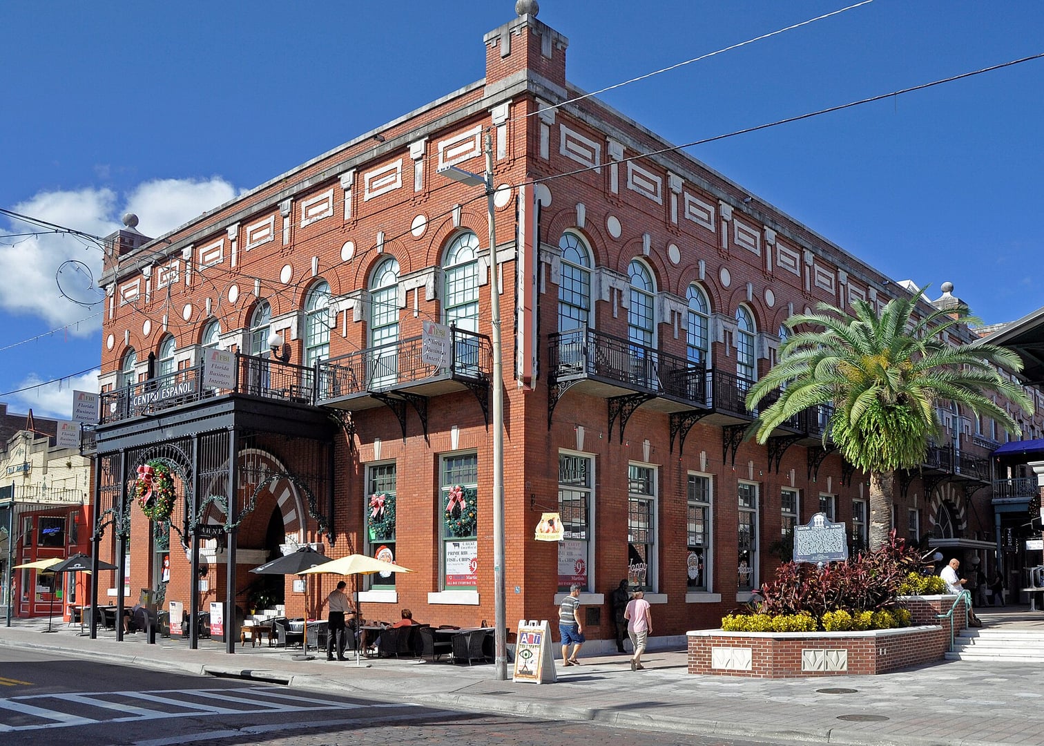 Exterior facade of El Centro Espanol de Tampa, a 1912 red-brick clubhouse on 7th Avenue in Ybor City built as a cultural center for Spanish immigrants.