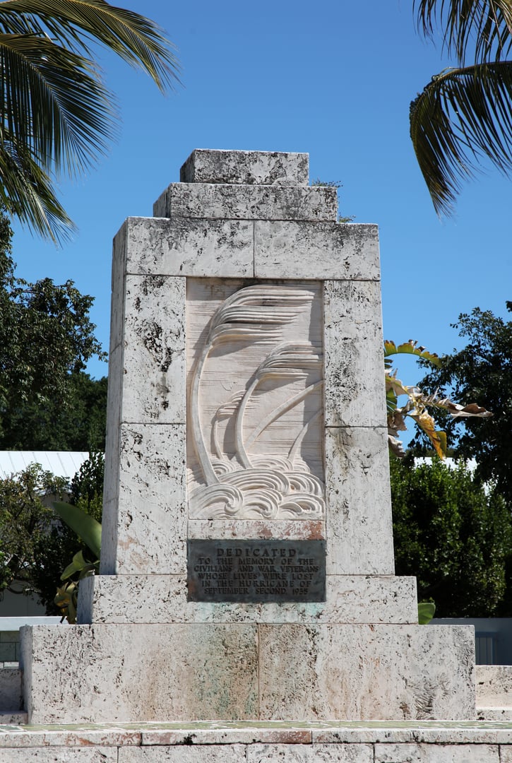 The Florida Keys Memorial coral-rock monument at MM 81.6 in Islamorada, erected in 1937 to commemorate victims of the 1935 Labor Day Hurricane.