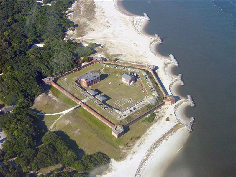 Aerial view of Fort Clinch State Park's pentagonal masonry fort on Amelia Island, Florida