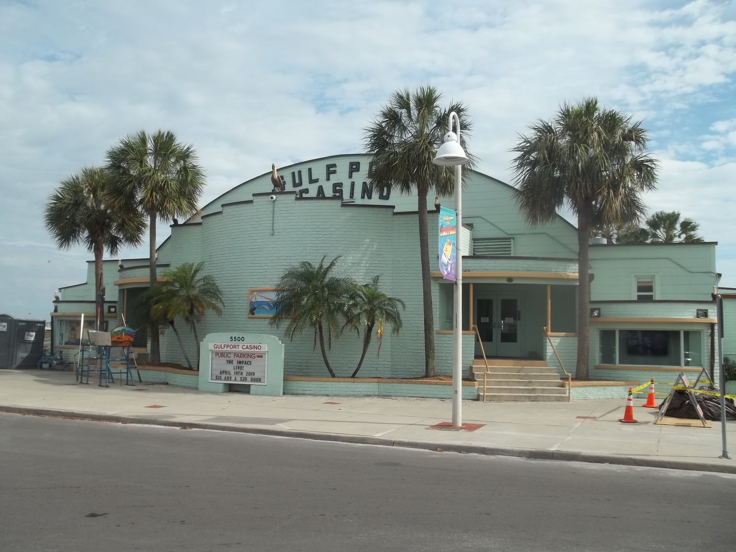 Exterior of the 1935 Gulfport Casino Ballroom on Shore Boulevard, a WPA-era structure on Tampa Bay