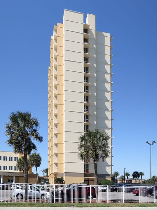 Pablo Towers in Jacksonville Beach, Florida, 115 S 3rd St, at the southeast corner of 3rd Street South (Florida State Road A1A) and 1st Avenue South, a senior housing highrise owned by Beaches Christian Service Corp., Inc. (per its website), built in 1973 per its Duval County property record.
