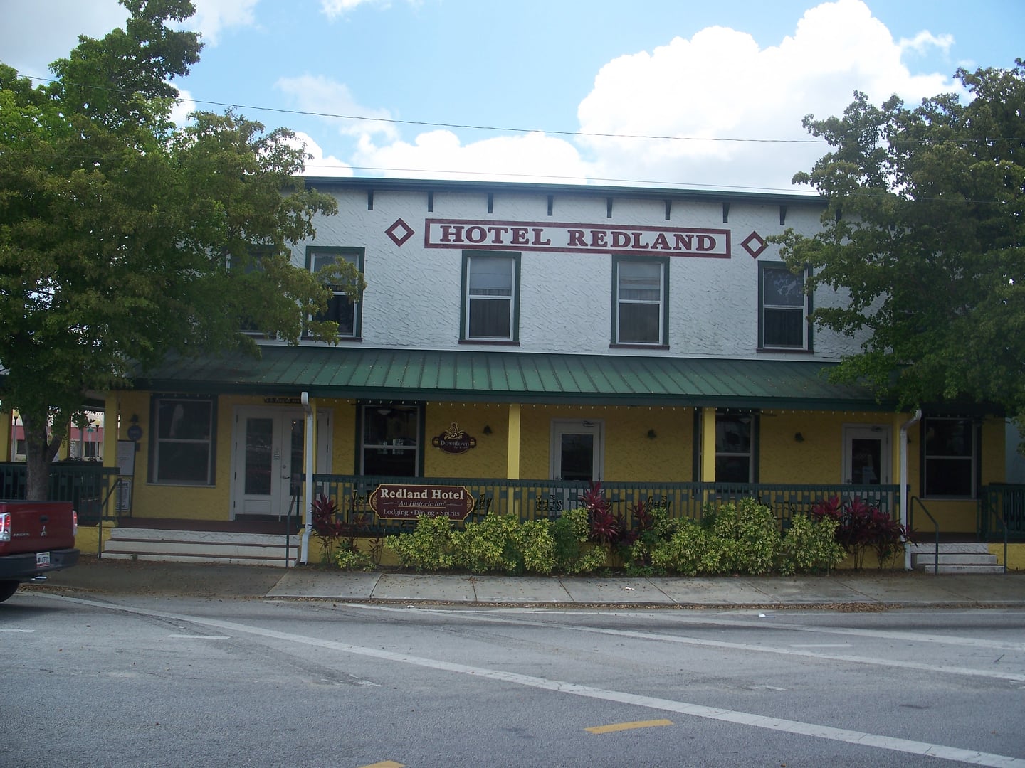 Exterior of the Hotel Redland, a two-story historic building in downtown Homestead, Florida, listed on the National Register of Historic Places