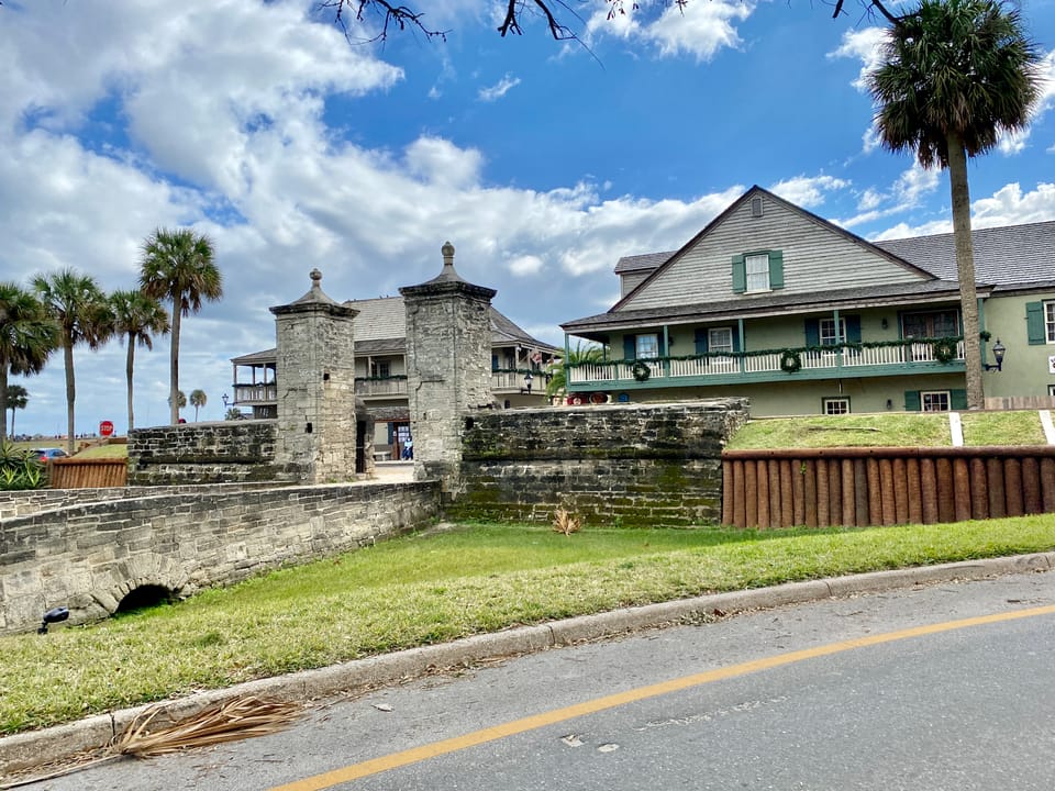 Erected in 1808 during the Second Spanish Period, the coquina pillars of the Old City Gate was built when the Cubo line of fortifications was reconstructed on the northern flank of the colonial city, running west from the adjacent Castillo San Marcos.  The gate survived redevelopment of the surround