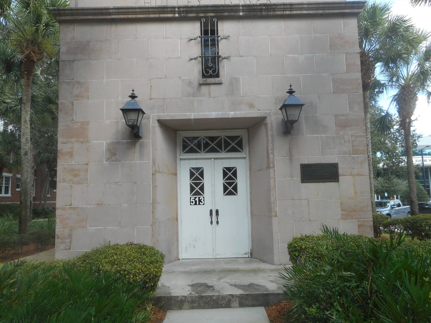 Close-up view of the Eloise M. Hulley Tower on the Stetson University campus in DeLand Florida, a stone and brick structure