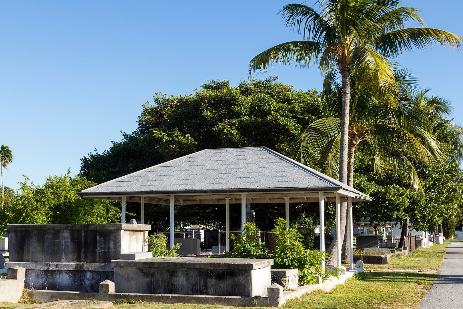 Roofed above-ground graves at the Key West Cemetery, established 1847, in the Key West Historic District, Florida