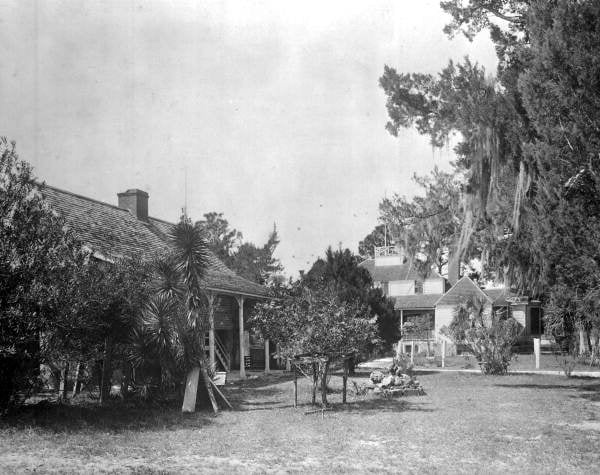 Kingsley Plantation main house and kitchen house on Fort George Island, Jacksonville, Florida, circa 1920