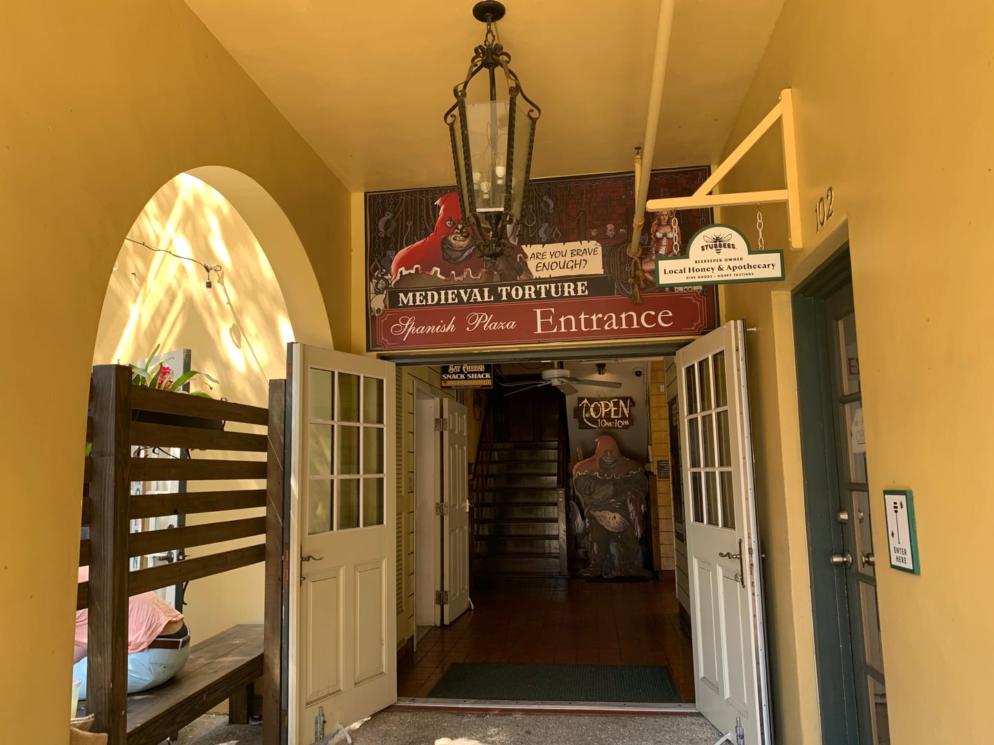 Sign for the Medieval Torture Museum at the corner of Hypolita Street and St. George Street in St. Augustine, Florida