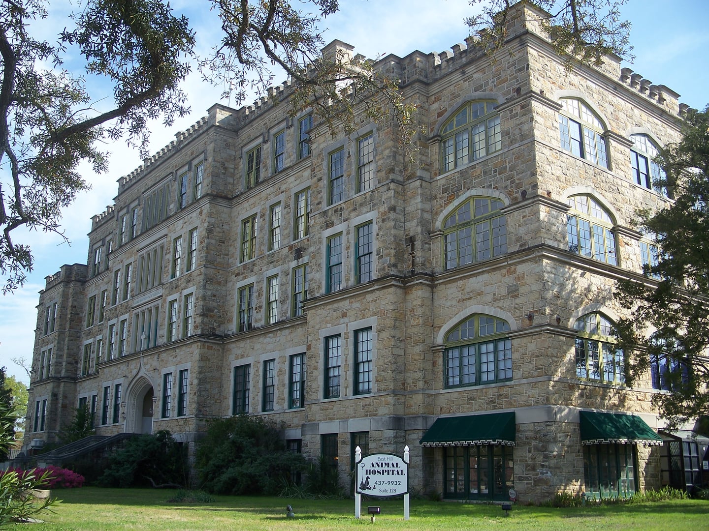 Late Gothic Revival facade of the Old Sacred Heart Hospital (Tower East) at 1010 North 12th Avenue in Pensacola, Florida — Florida's first Catholic hospital, 1915