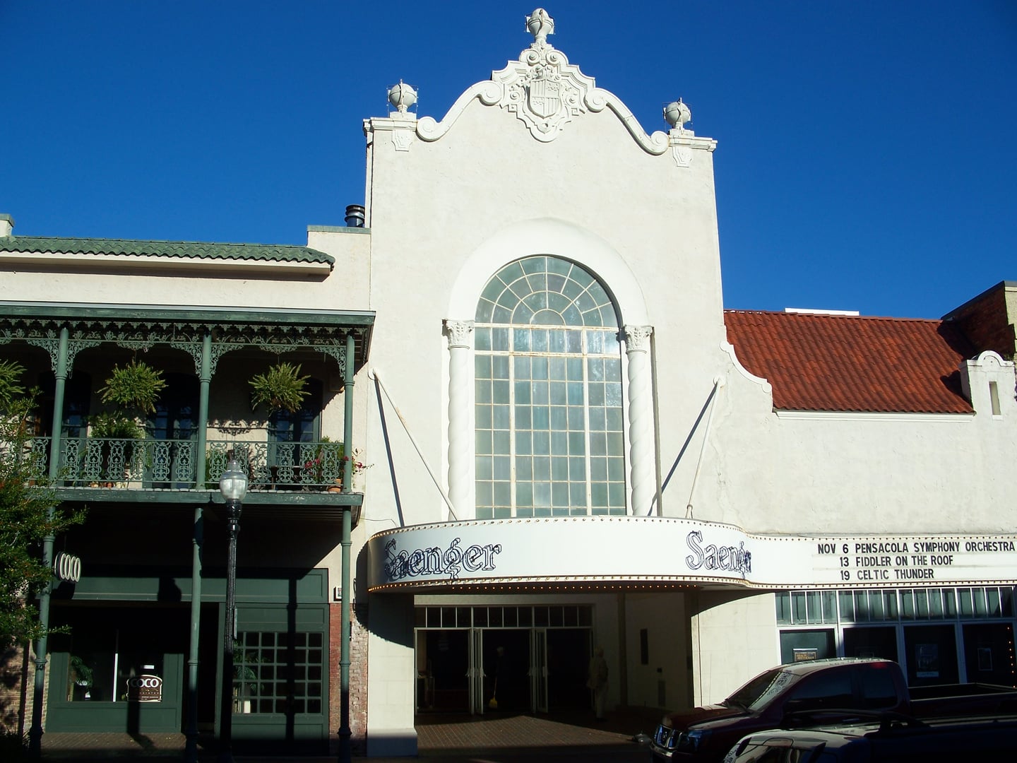 Exterior of the Pensacola Saenger Theatre at 118 S Palafox Street — the 1925 Spanish Baroque performance venue in downtown Pensacola, Florida.