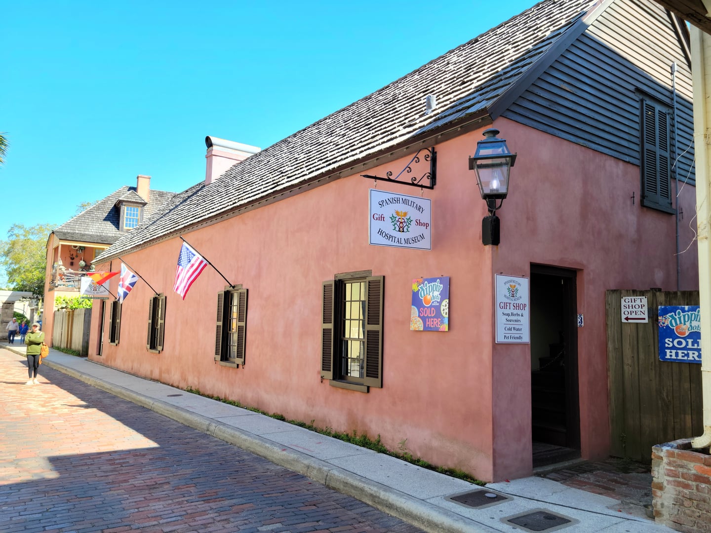Reconstructed two-story coquina-and-stucco Spanish Military Hospital Museum on Aviles Street in historic St. Augustine, Florida