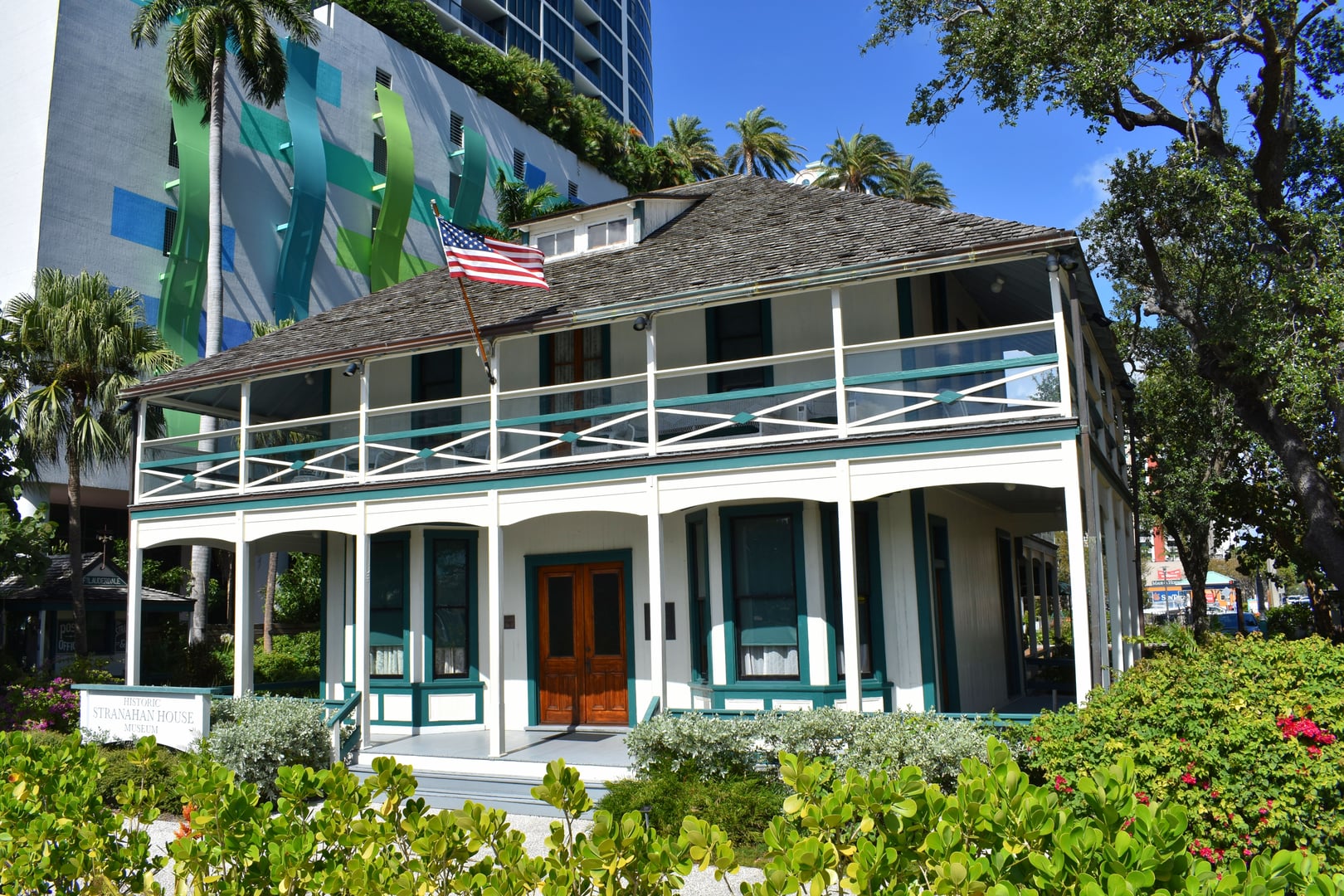 Exterior of the Historic Stranahan House in Fort Lauderdale, Florida — a two-story wood-frame structure built in 1901, now a National Register of Historic Places museum