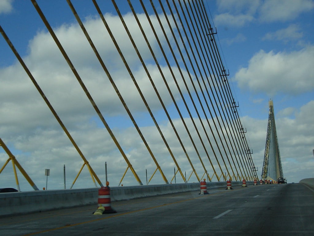 Sunshine Skyway Bridge cable-stay span over Tampa Bay at dusk