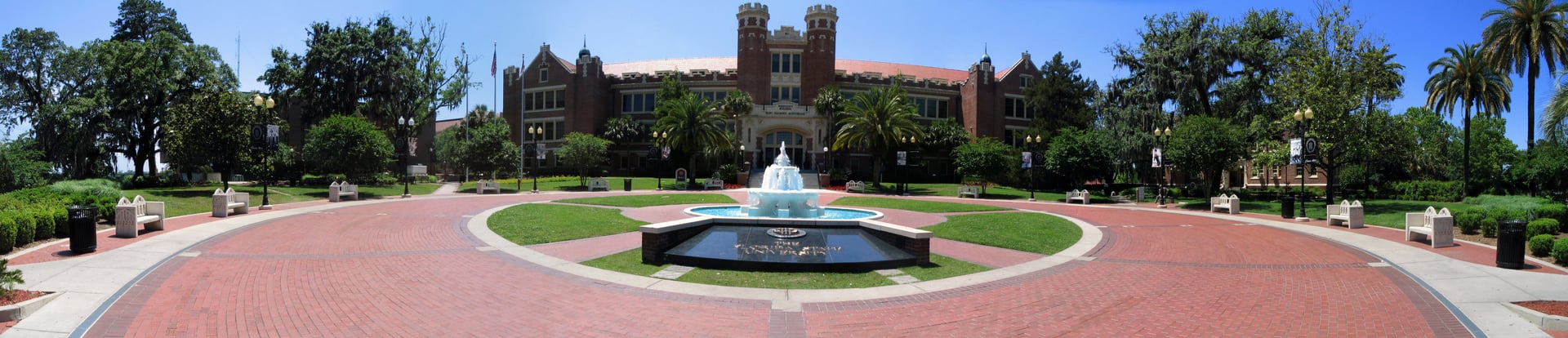 The 1910 Collegiate Gothic Westcott Building and fountain at Florida State University, Tallahassee, atop historic Gallows Hill