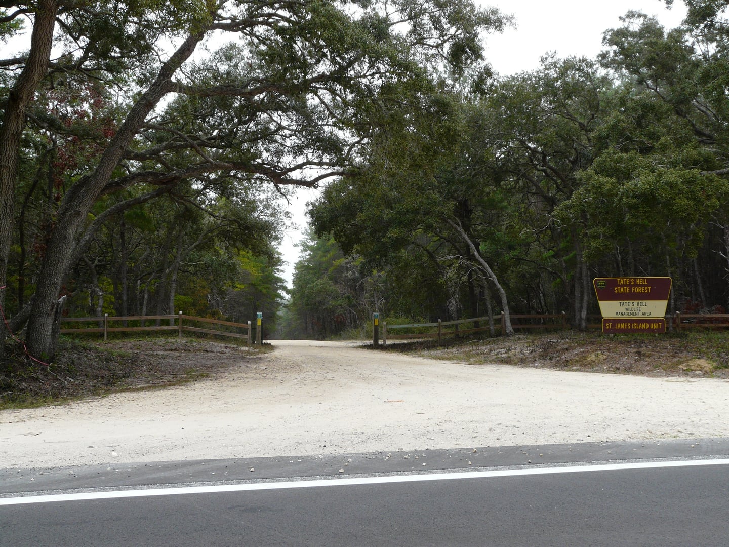 Entrance sign for Tate's Hell State Forest St. James Island Unit on US 98 in Franklin County, Florida