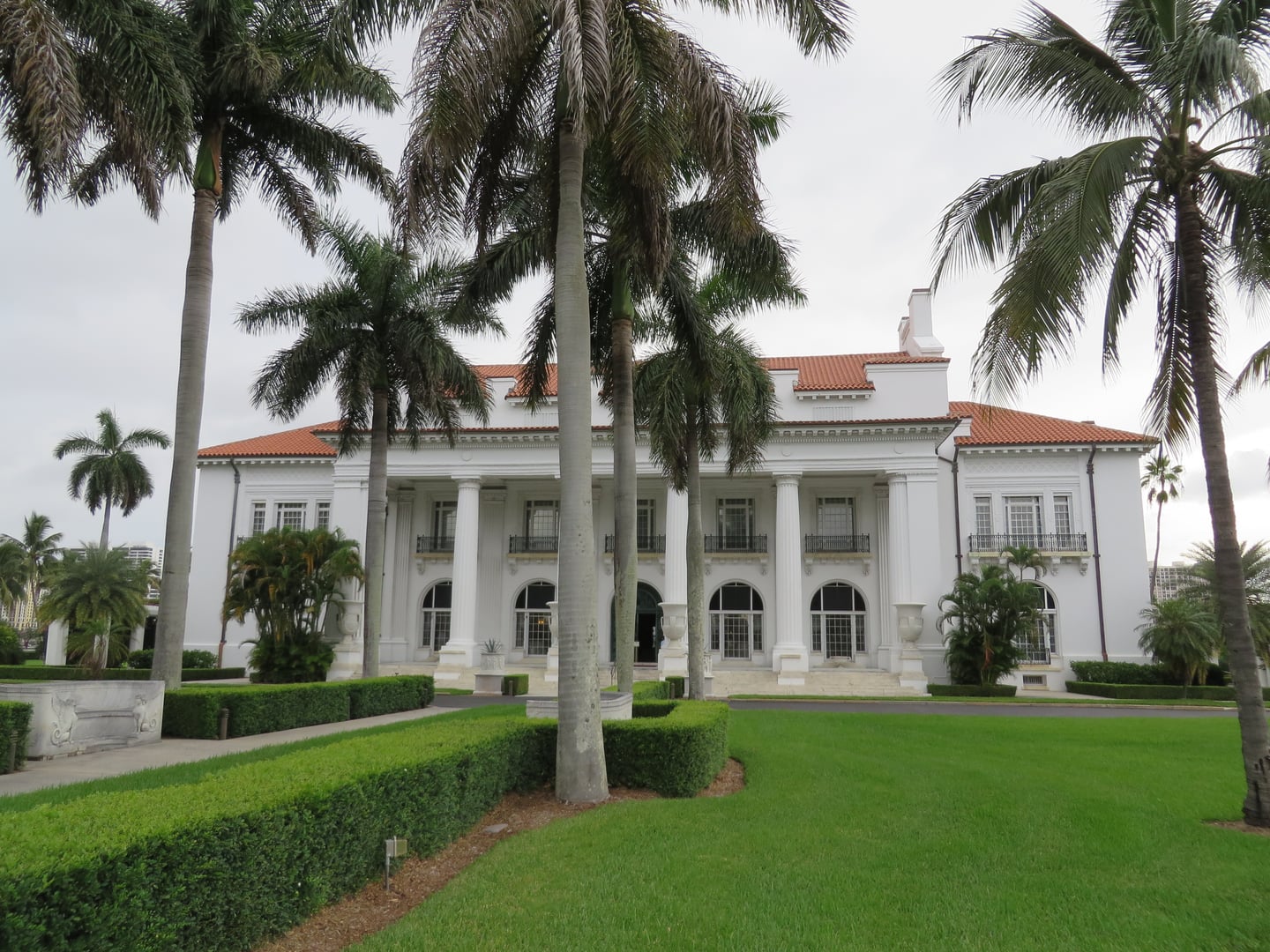 Exterior facade of Whitehall, the Flagler Museum in Palm Beach, Florida — the Beaux-Arts Gilded Age mansion where Henry Flagler died in 1913.