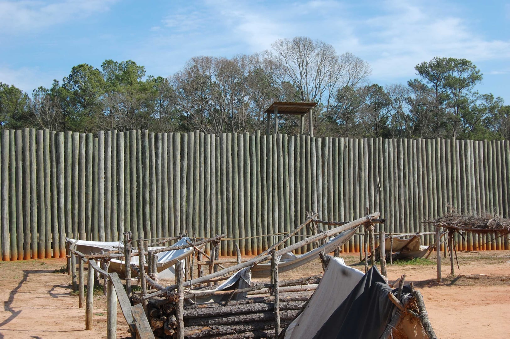 Reconstructed timber stockade wall at Andersonville National Historic Site, the Confederate Civil War prison camp in Andersonville, Georgia