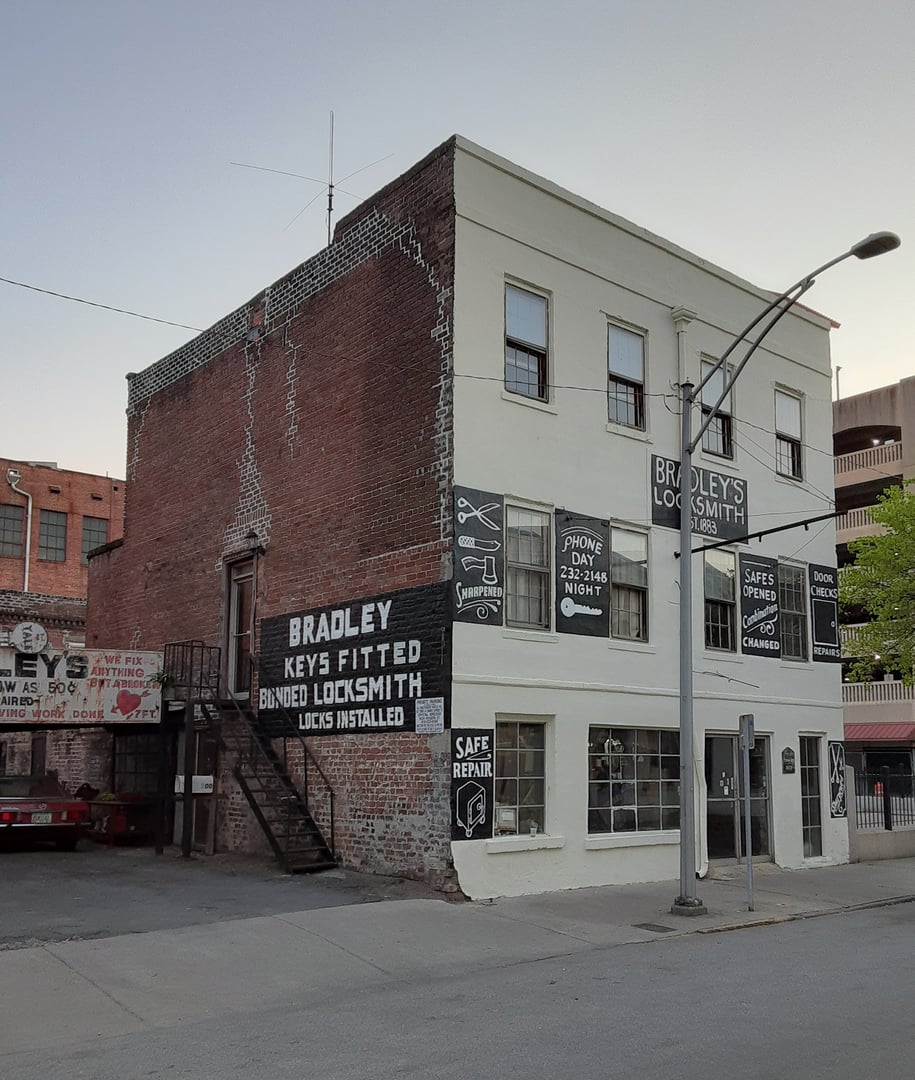 The 1855 Patrick Duffy Building at 24 East State Street in Savannah, home of Bradley Lock & Key Shop (est. 1883), Savannah's oldest continuously operating business.