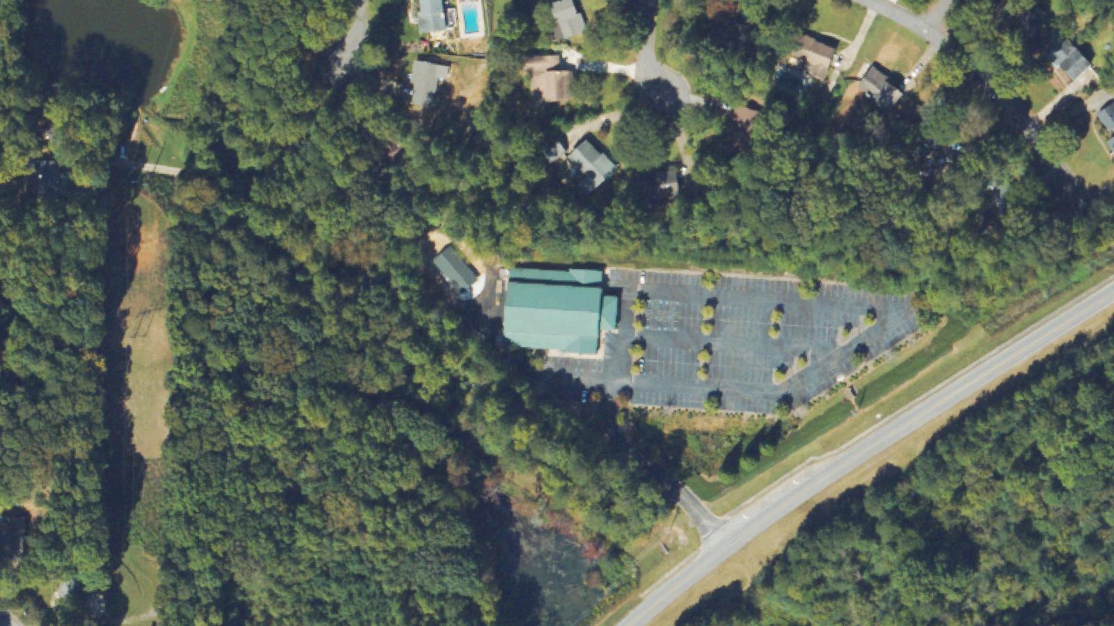 Aerial survey view of Concord Covered Bridge (Crybaby Bridge)