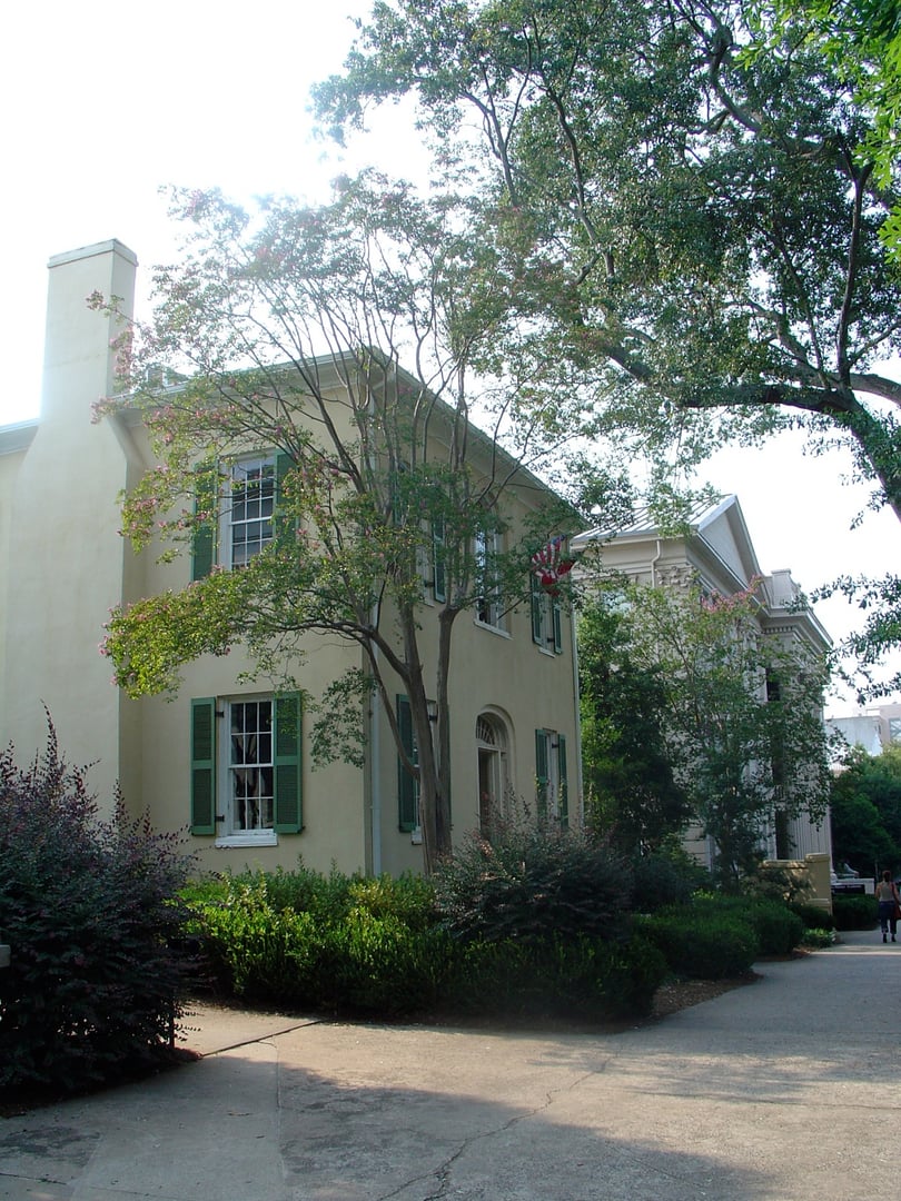 Two-story stucco-fronted Demosthenian Hall, built 1824, on the University of Georgia's North Campus in Athens, Georgia.