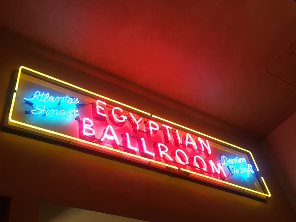 The period neon sign over the entrance to the Egyptian Ballroom inside the Fox Theatre.