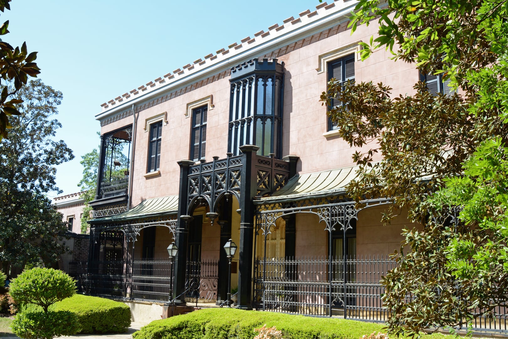 Gothic Revival facade of the Green-Meldrim House on Madison Square in Savannah Georgia