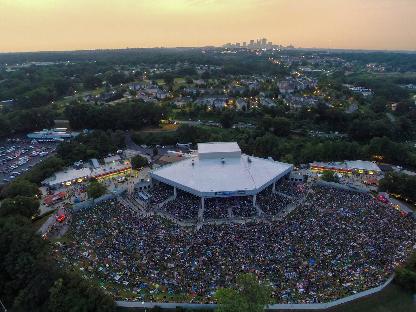Exterior view of Lakewood Amphitheatre in Atlanta, Georgia, a 18,920-capacity open-air concert venue on the historic Lakewood Fairgrounds