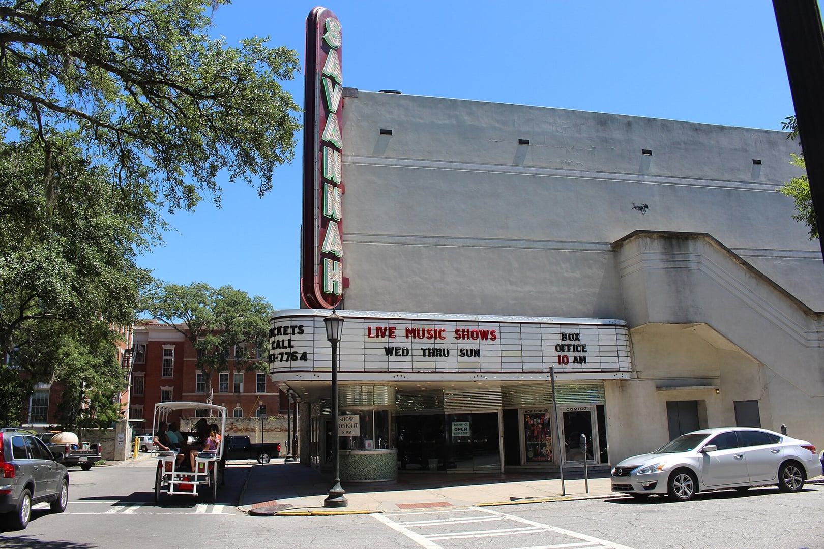 Exterior marquee of the Historic Savannah Theatre on Bull Street at Chippewa Square, Savannah, Georgia