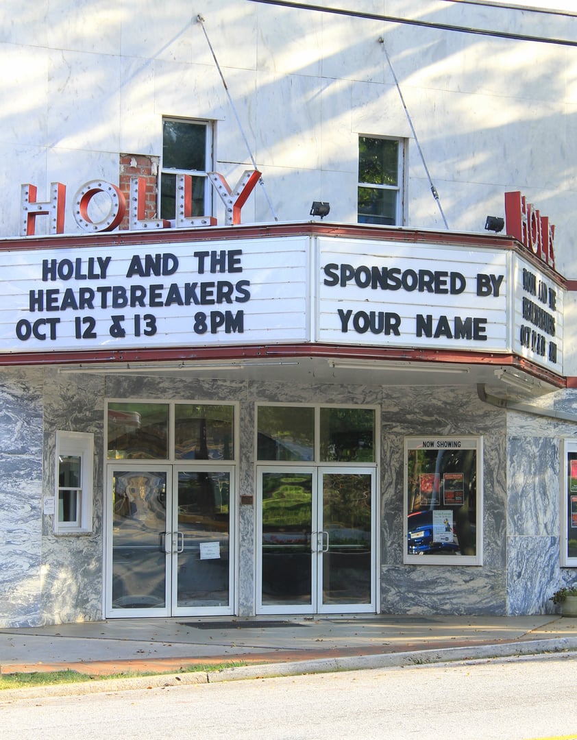 Holly Theatre Art Moderne marquee and facade on West Main Street in Dahlonega, Georgia
