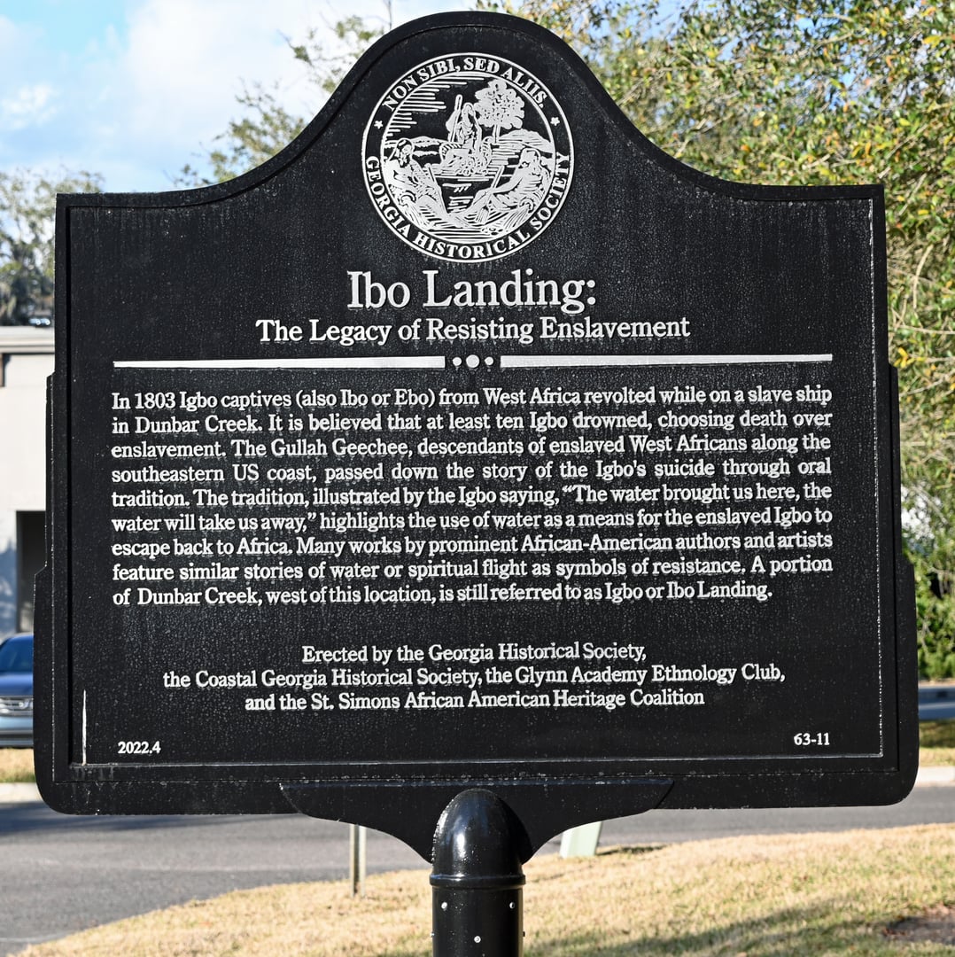 Georgia Historical Society marker commemorating Igbo Landing and the 1803 act of resistance, St. Simons Island, Georgia