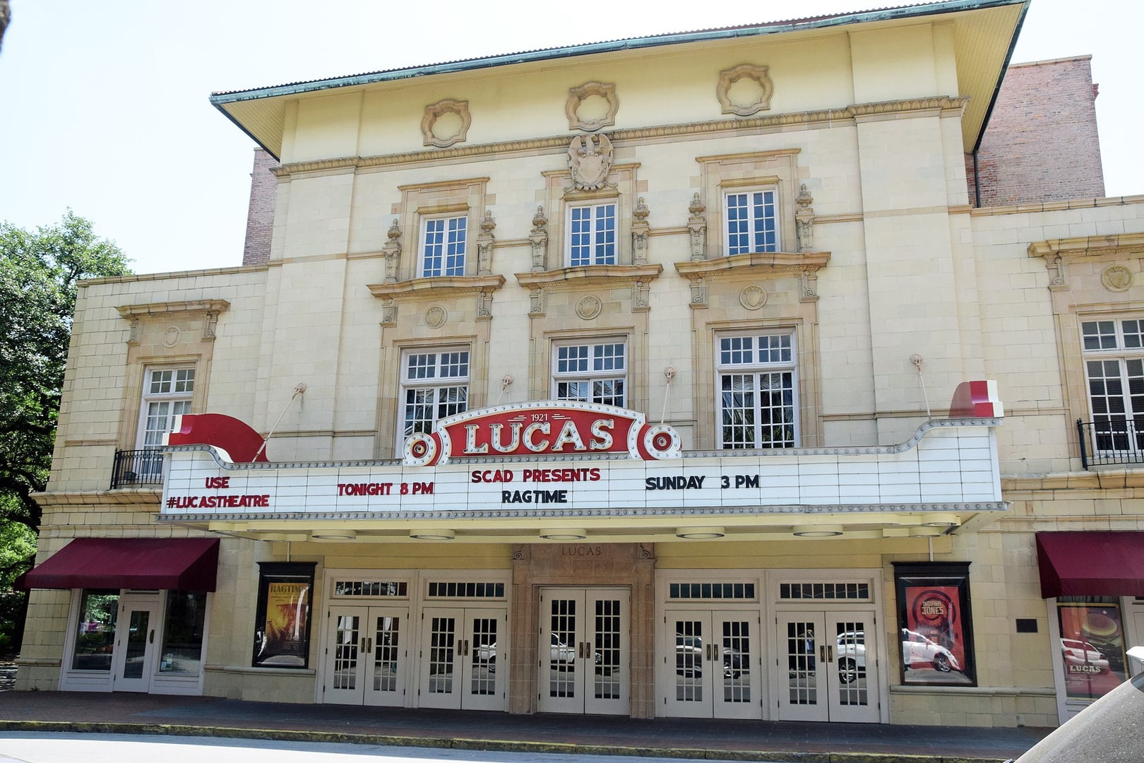 The Lucas Theatre, a 1921 movie palace on Abercorn Street near Reynolds Square in Savannah, Georgia, showing its restored marquee.