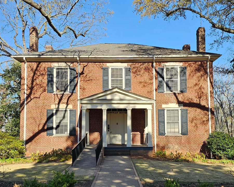 Two-story antebellum 1847 Lustrat House on UGA's North Campus.