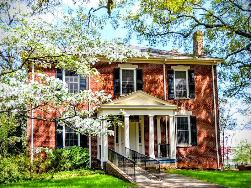 Two-story antebellum 1847 Lustrat House on UGA's North Campus.