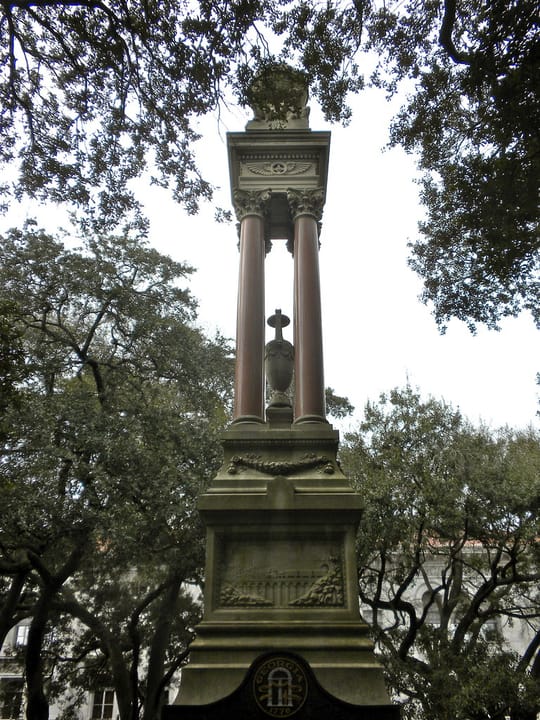Wright Square historic public square with monument and oak trees in Savannah, Georgia